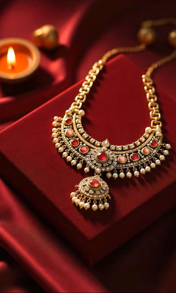 elegant gold necklace with red gemstones pearls 808279 164